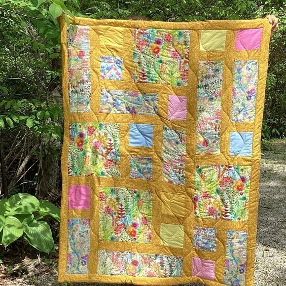 NWT. Hand Crafted Yellow Fields of Flower Liberty of London Fabric Quilt - Picture 1 of 16